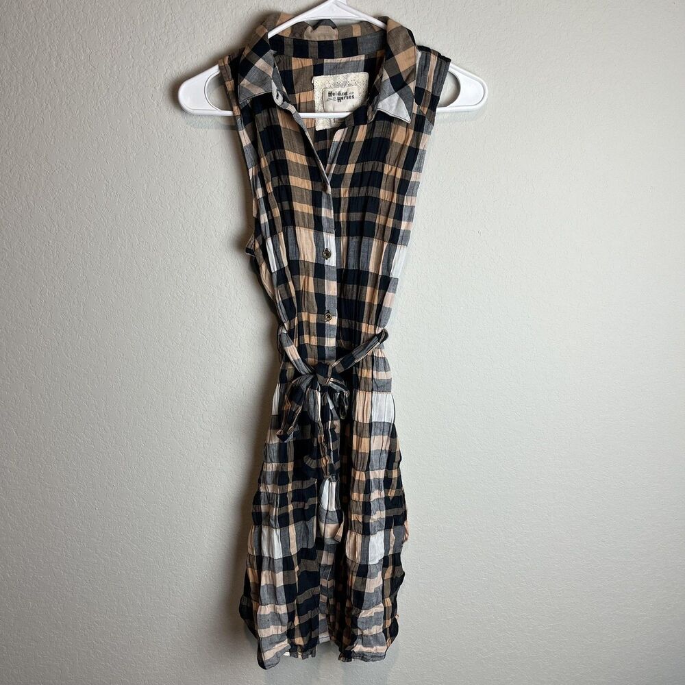 Holding Horses Shirt Dress Womens 6 Black Tan Plaid Button Front Tie Waist
